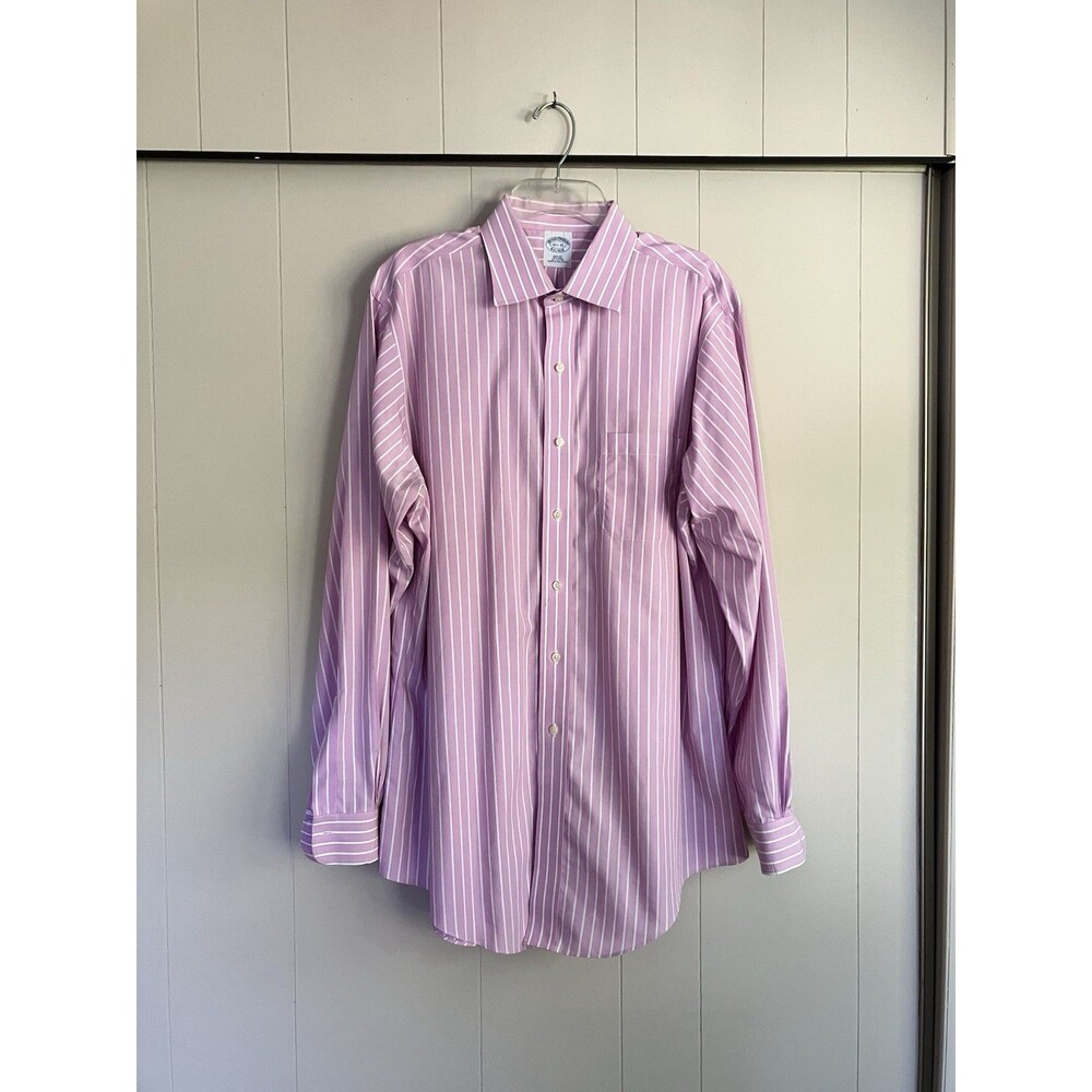 Brooks Brothers Slim Fit Shirt 16.5 35 Pink Stripe Non Iron Cotton Tiny Pen Mark